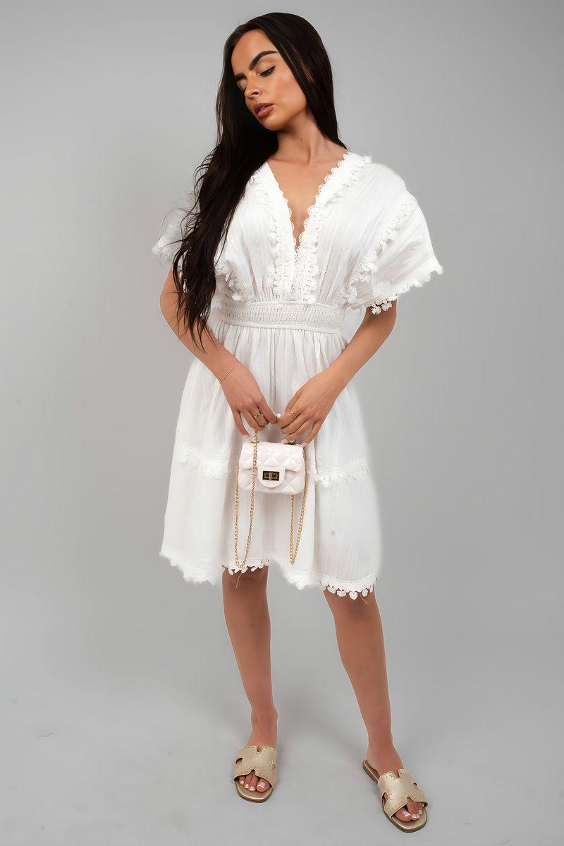 Serina Short Sleeve Deep V-neck Mini Dress With Open Back And Lace by IKRUSH