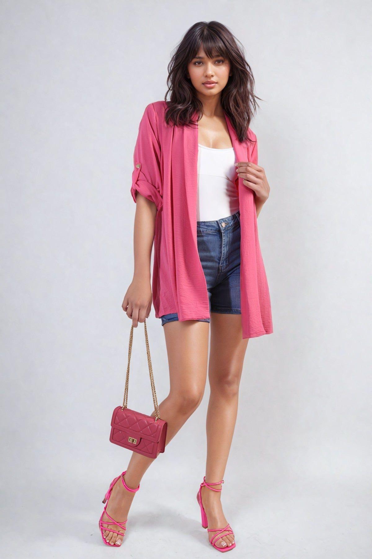 Vivian Open Front Roll Up Sleeve Cardigan by IKRUSH