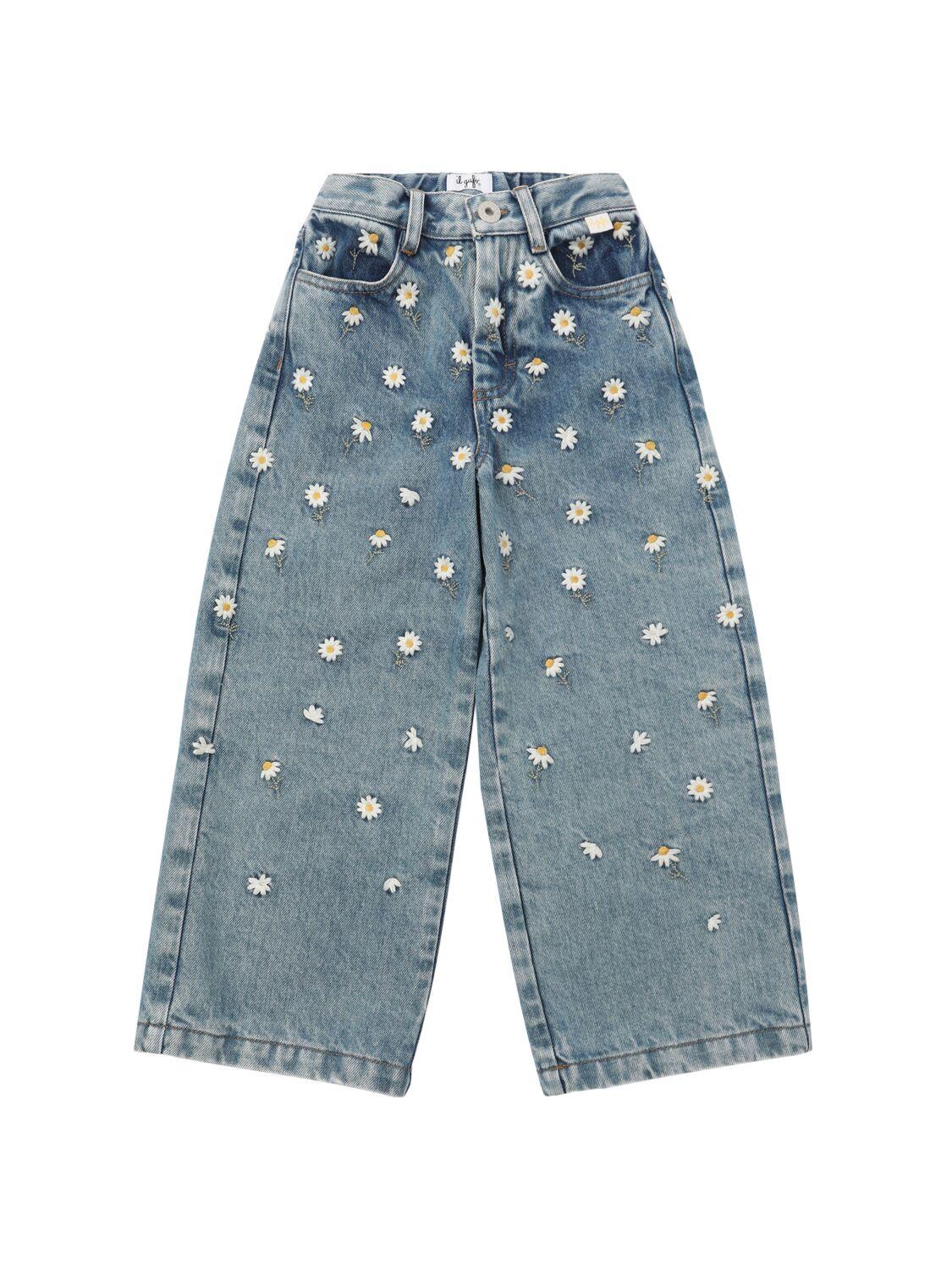 Daisy Embroidered Cotton Jeans by IL GUFO