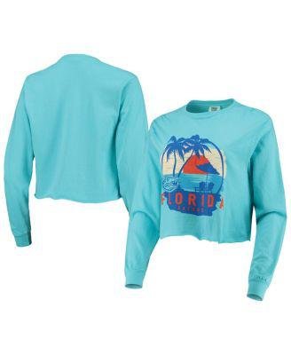Women's Teal Florida Gators Palm Trees Sunset Long Sleeve Crop Top by IMAGE ONE