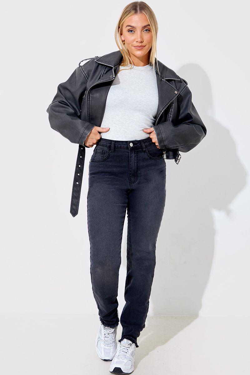 Black Acid Wash Straight Leg Split Hem Jeans by IN THE STYLE