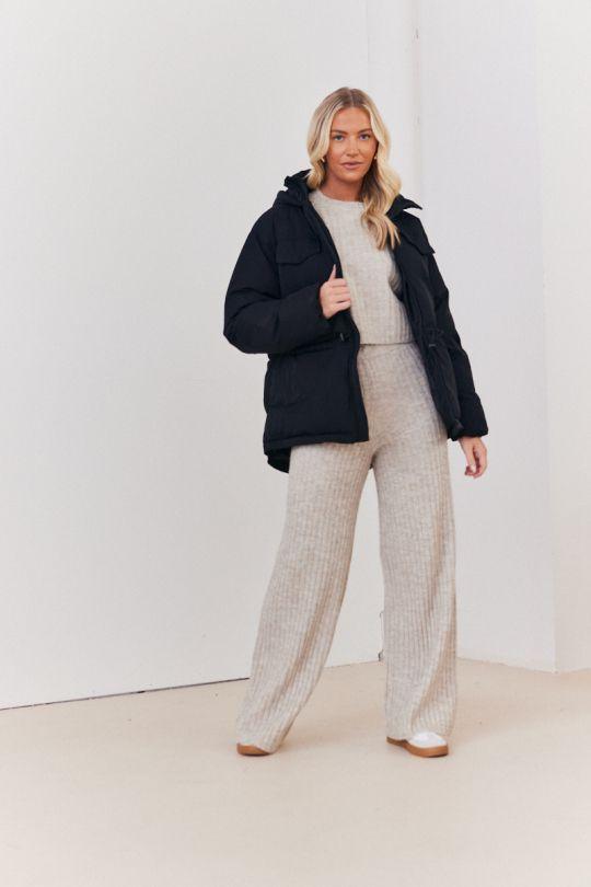 Black Hooded Drawstring Waist Puffer Coat by IN THE STYLE