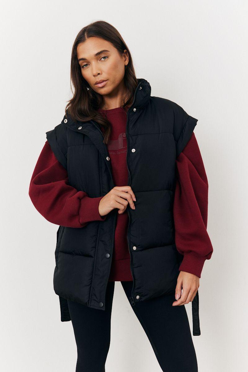 Black Tie Waist Puffer Gilet by IN THE STYLE