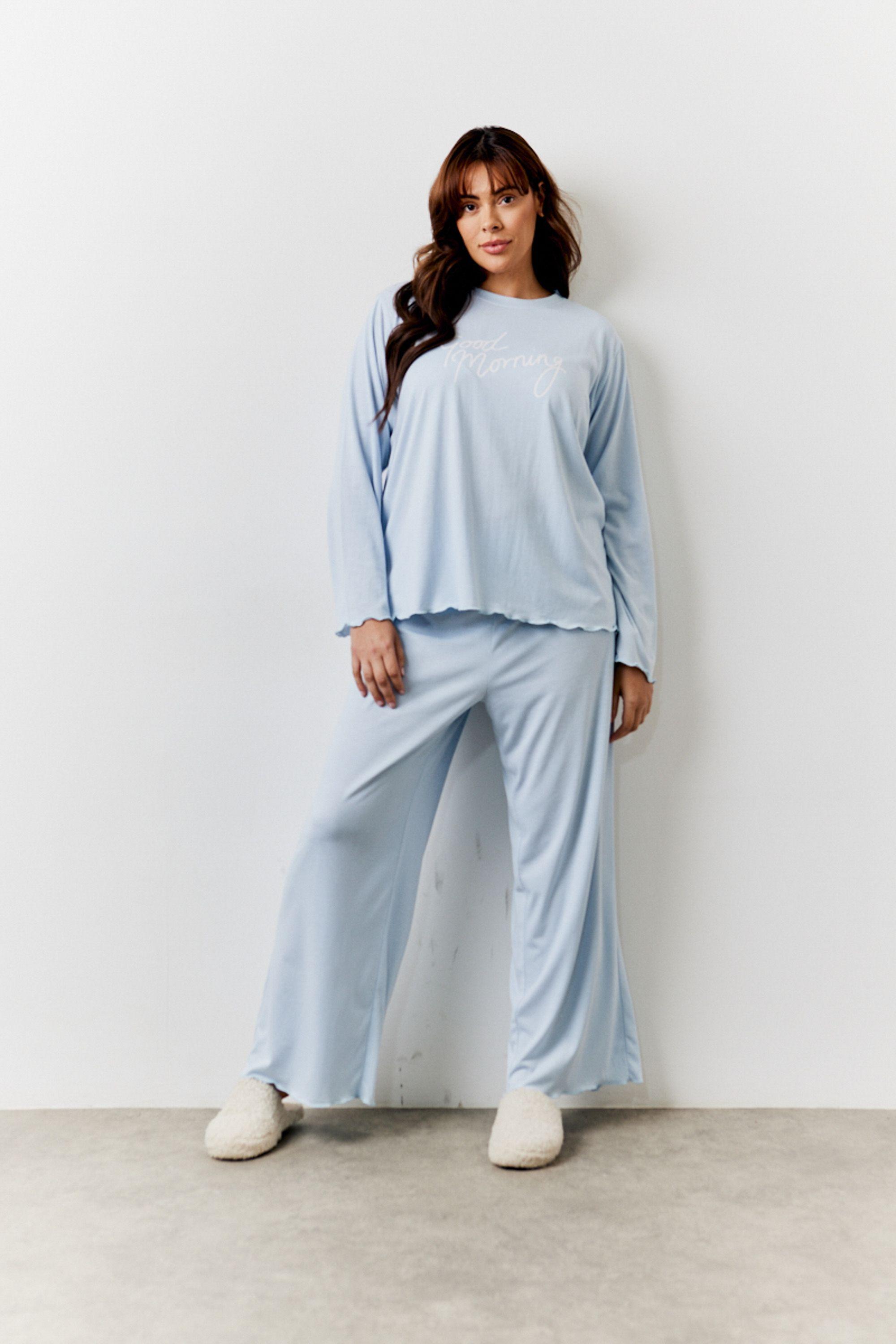 Blue Lettuce Hem Slogan Long Sleeve Top and Trouser Pj Set by IN THE STYLE