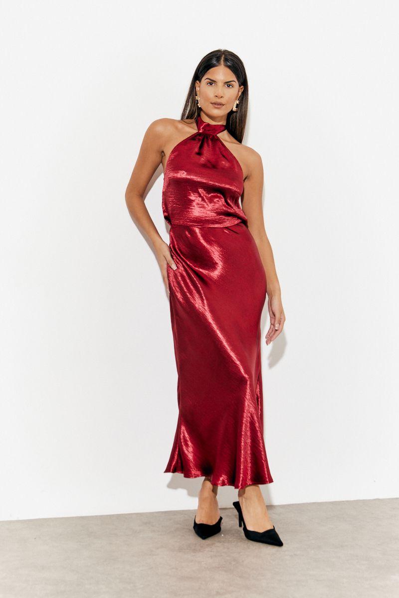Burgundy Liquid Satin Halterneck Cowl Back Midaxi Dress by IN THE STYLE