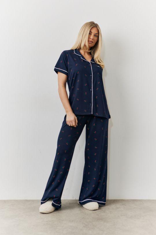 Navy Cherry Print Shirt and Trouser PJ Set by IN THE STYLE
