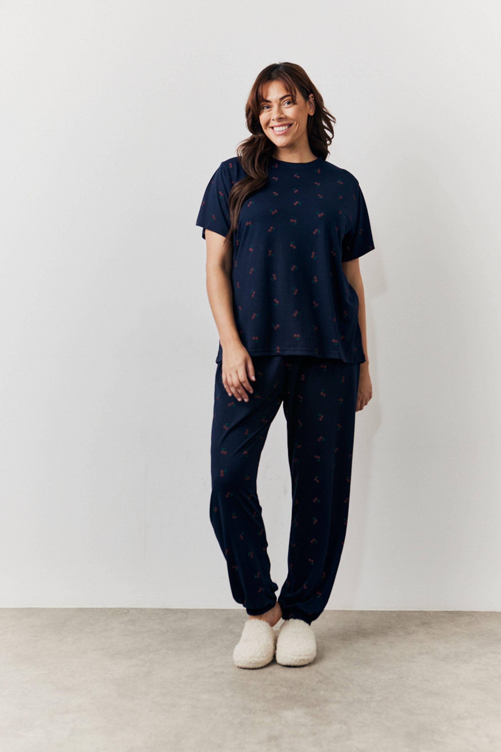 Navy Cherry Print T Shirt and Cuff Jogger Pj Set by IN THE STYLE
