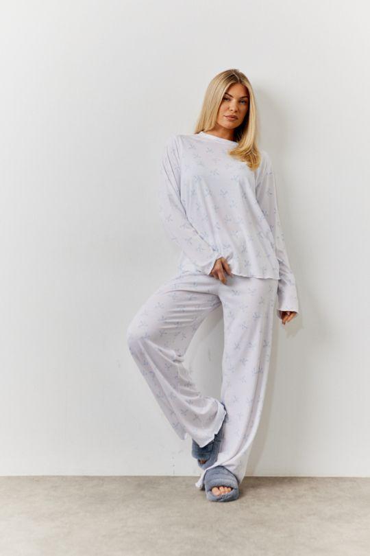 White Bow Print Long Sleeve Top and Trouser PJ Set by IN THE STYLE