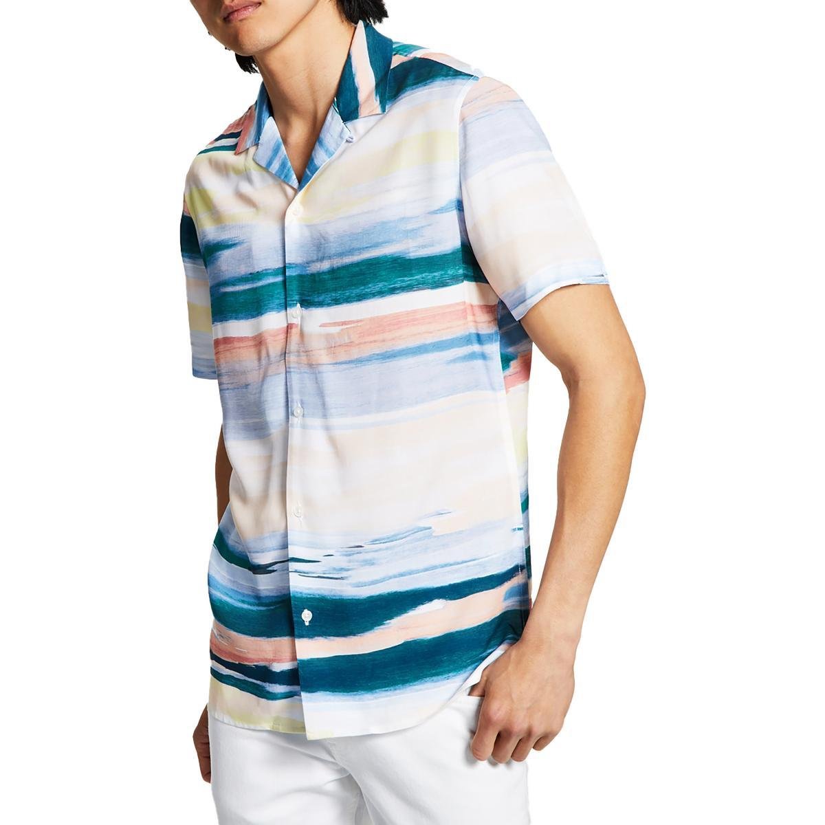 INC Mens Coastal Watercolor Printed Collar Button-Down Shirt by INC