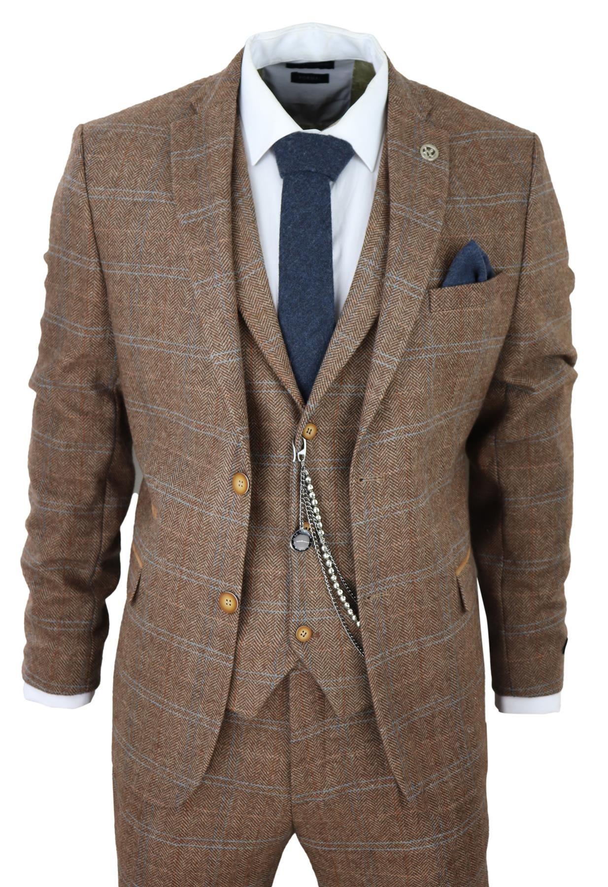 3 Piece Wool Suit Tweed Herringbone Check Peaky Blinders Gatsby by INFINITY LEATHER