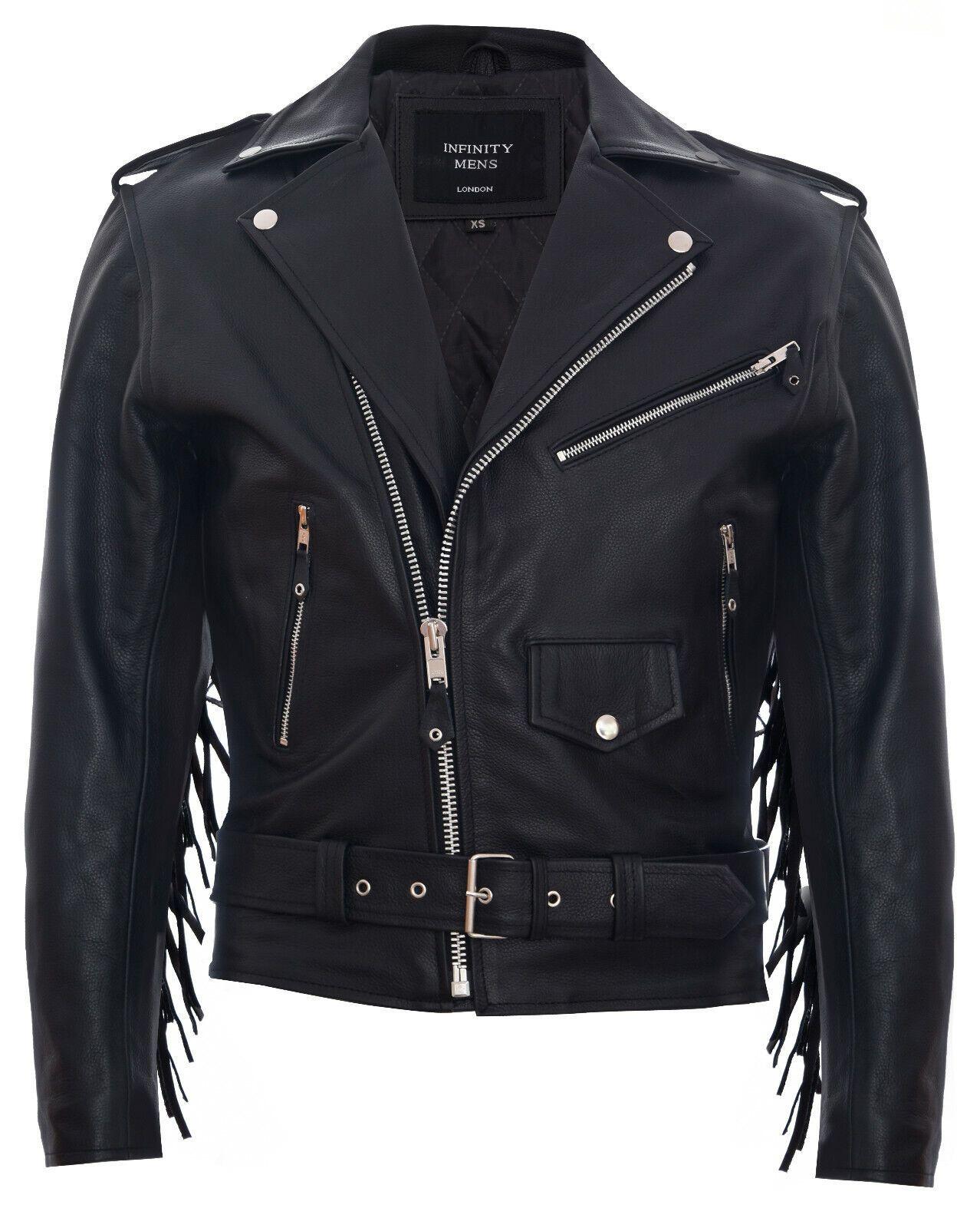 Fringe Hide Leather Brando Tasseled Motorcycle Biker Jacket by INFINITY LEATHER