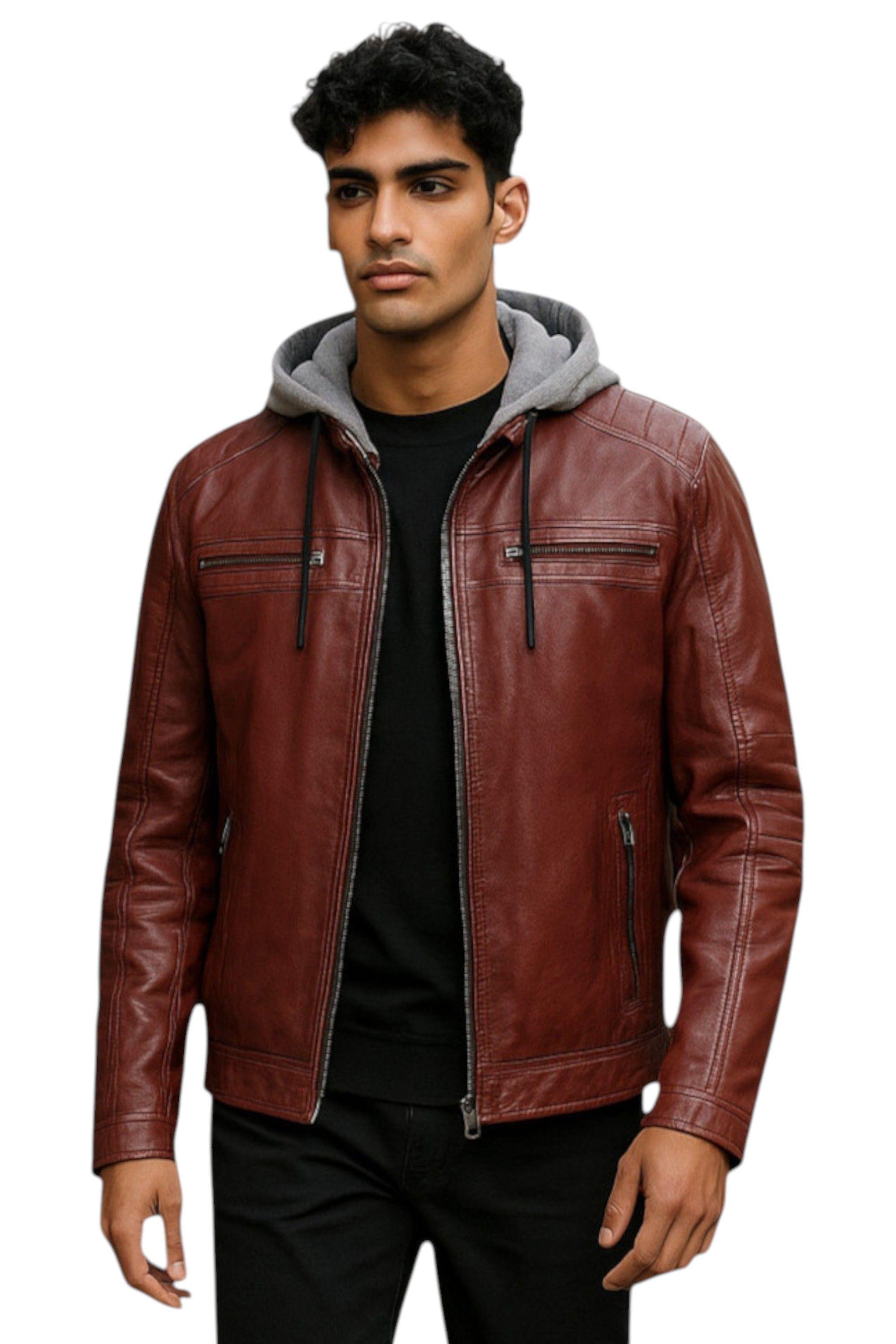 Hooded Biker Lamb Leather Jacket - Ingham by INFINITY LEATHER