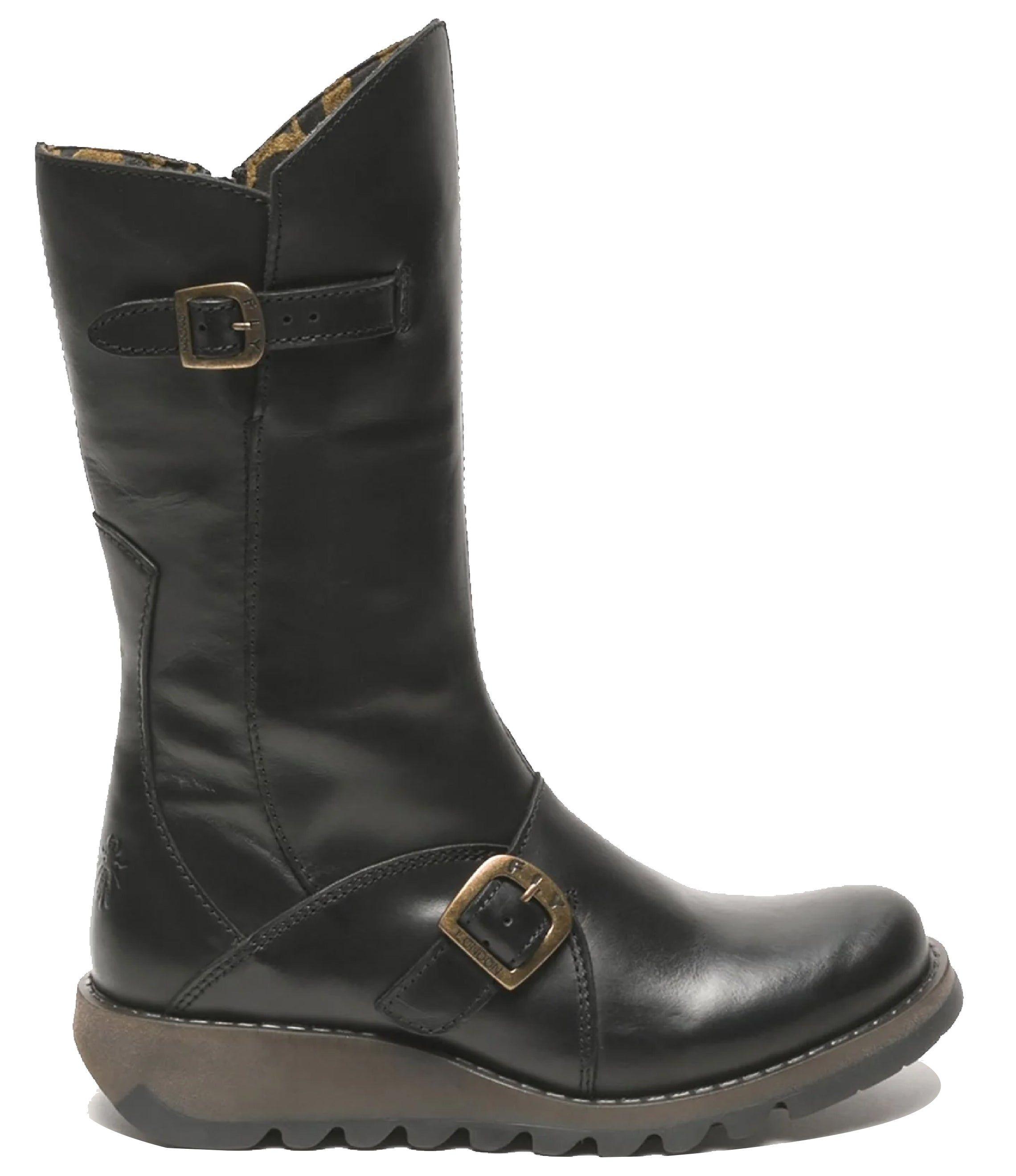 MES 2 Wedge Heel Buckle Mid-Calf Leather Zip Platform Boots by INFINITY LEATHER