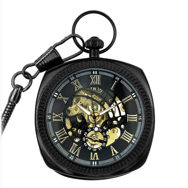 Mechanical Vintage Skeleton Square Open-Face Pocket Watch by INFINITY LEATHER