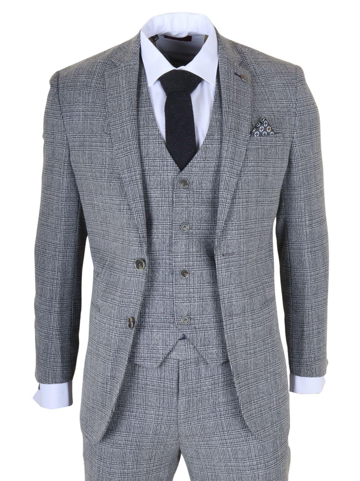 Men's 3-Piece Classic Check Suit Slim Fit Plaid Formal Party Suit by INFINITY LEATHER