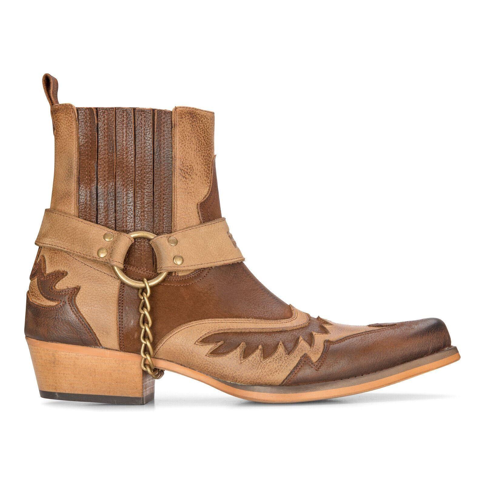 Mens Leather Cowboy Ankle Boots Brown Cuban Biker Winklepickers Western Country by INFINITY LEATHER