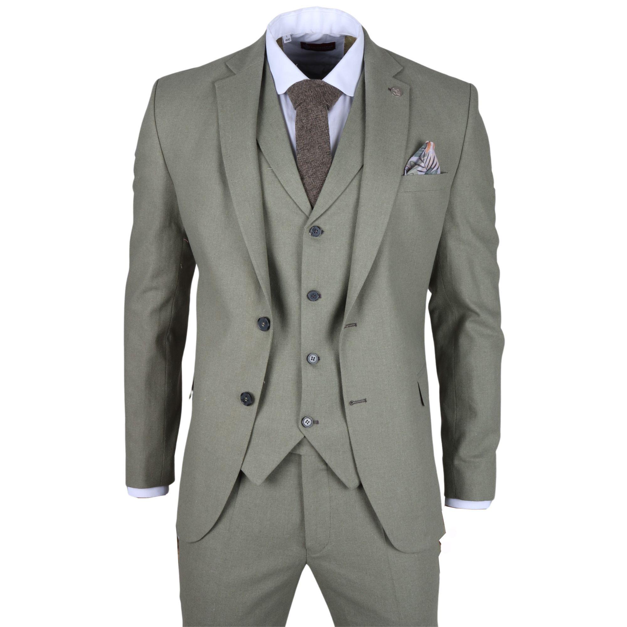 Men's Sage Tailor Fit3 Piece Linen Summer Wedding Suit by INFINITY LEATHER