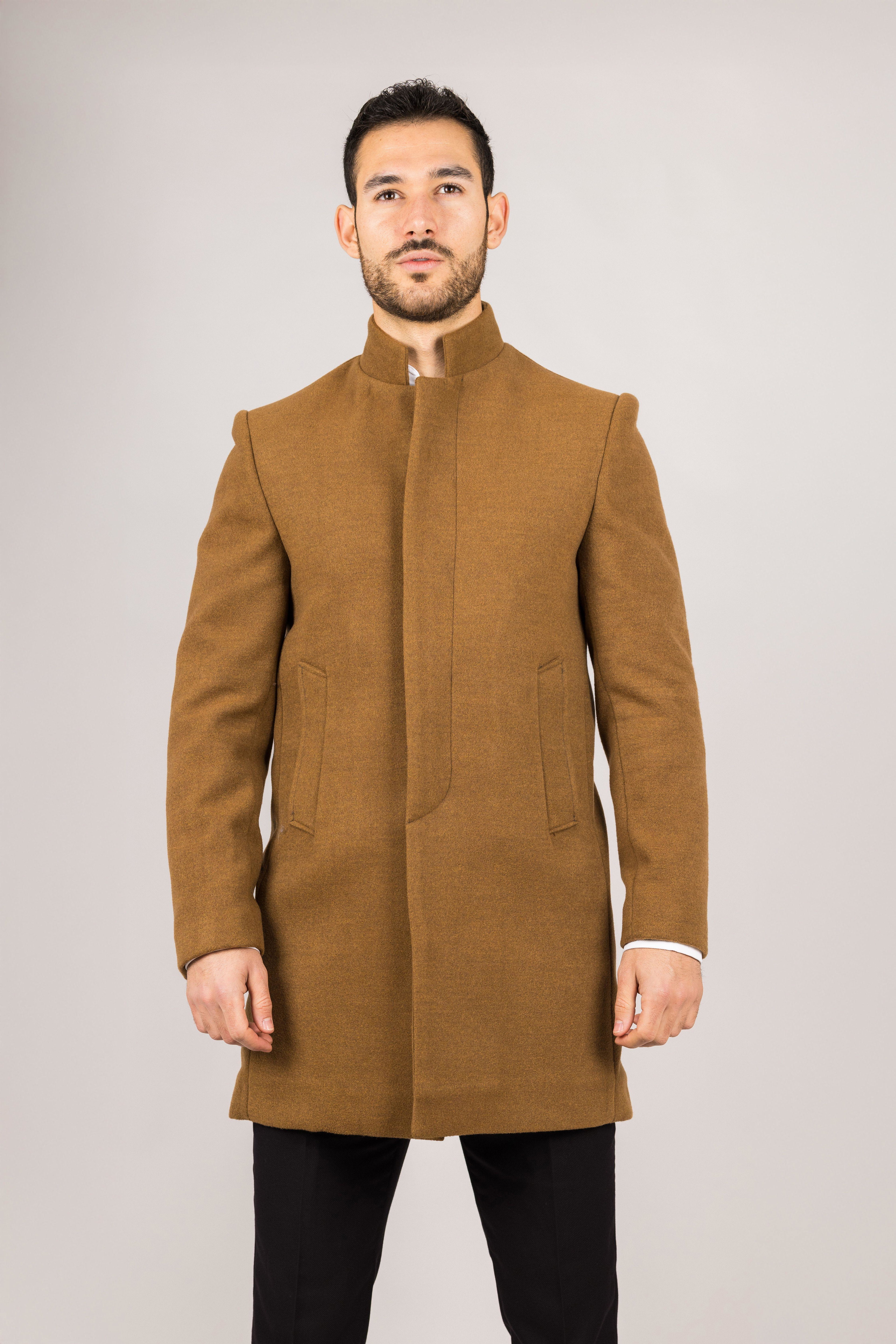 Men's  Stand Collar Wool Blend Overcoat by INFINITY LEATHER