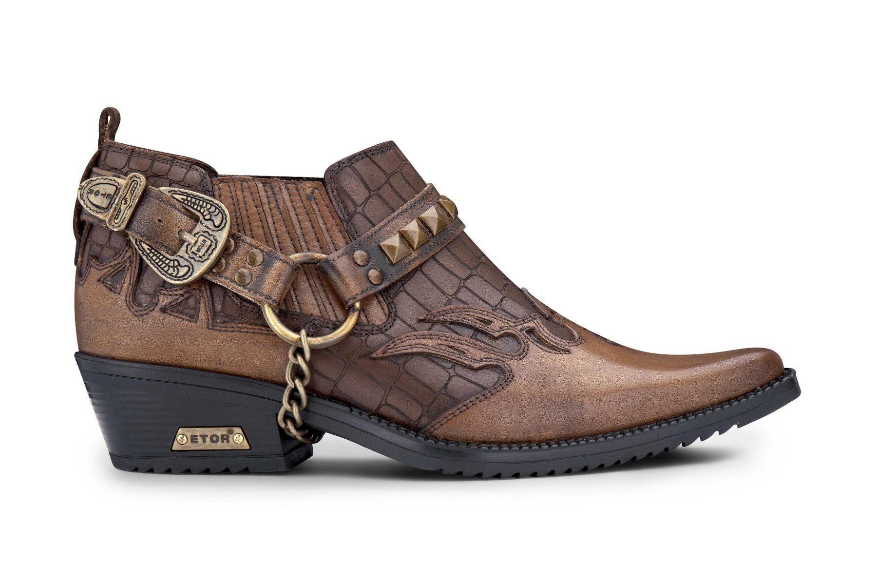 Men's Tan Croc Leather Winklepicker Studded Western Biker Shoes by INFINITY LEATHER