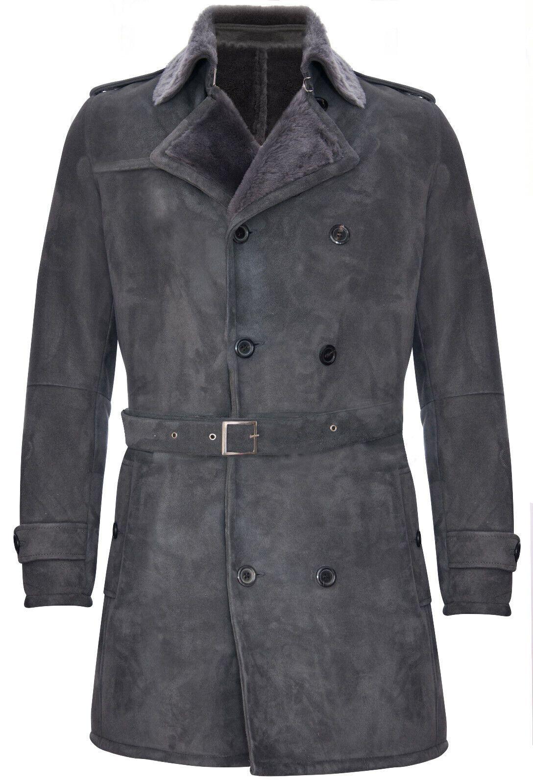 Shearling Sheepskin Suede Pea Coat-Cali by INFINITY LEATHER