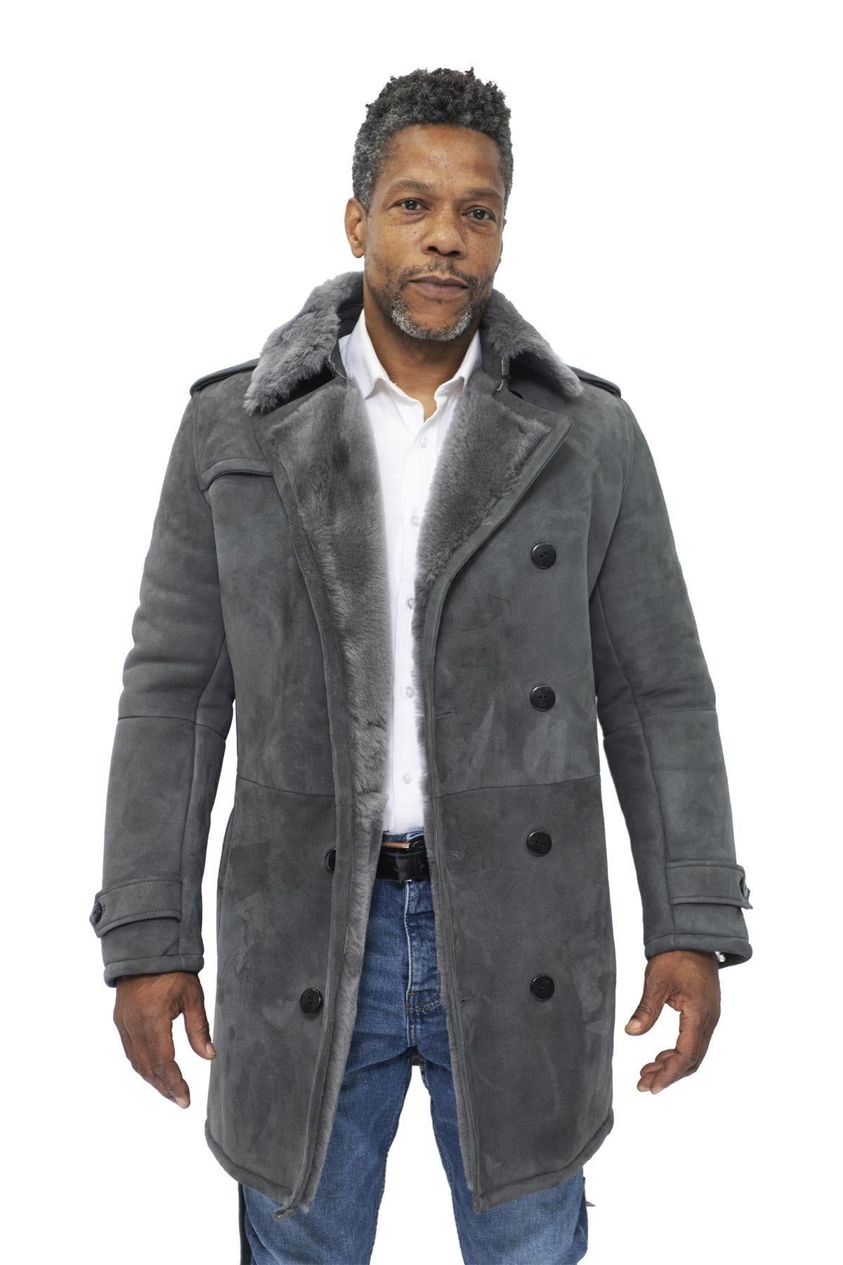 Shearling Sheepskin Suede Pea Coat-Kempston by INFINITY LEATHER