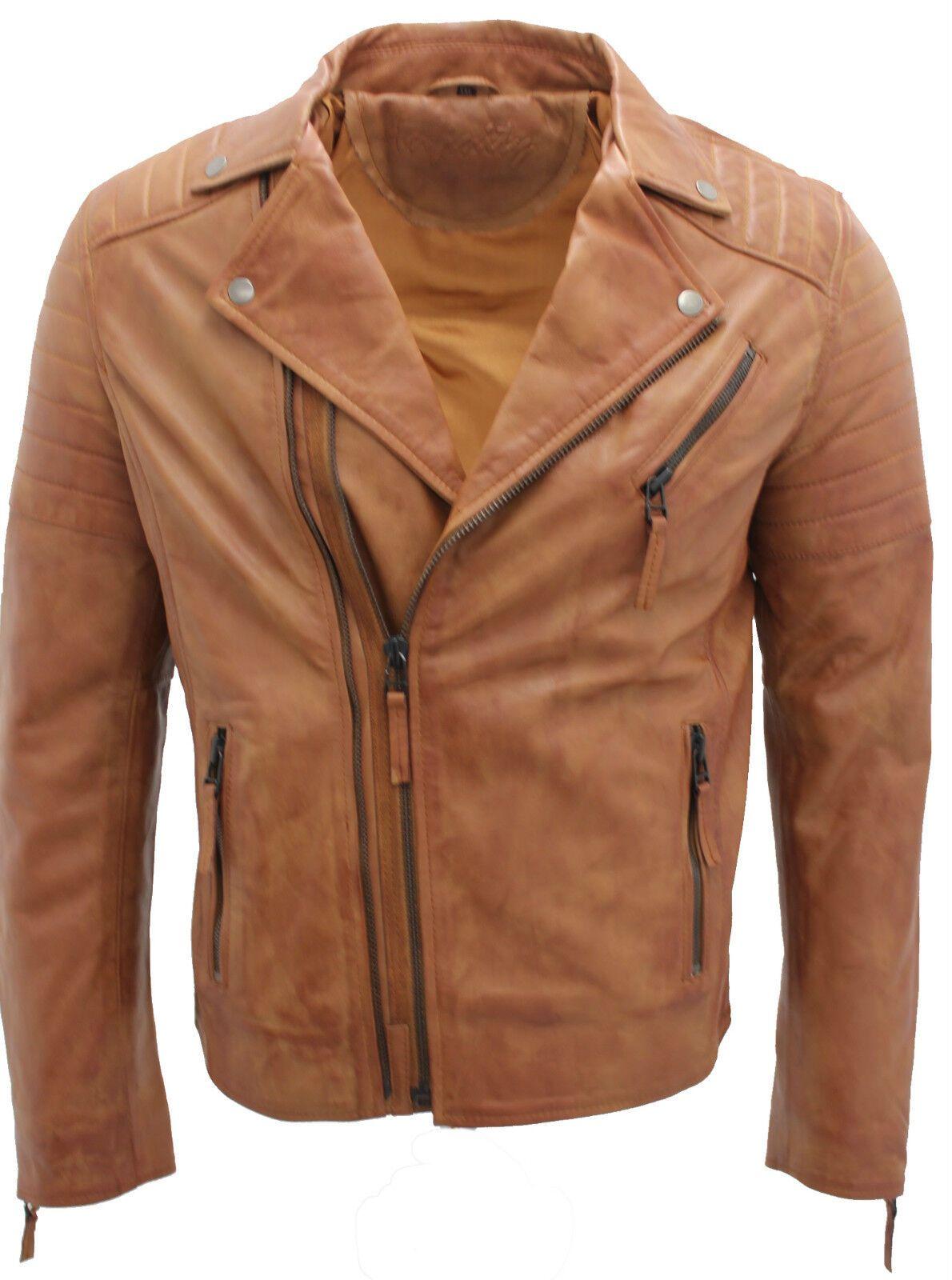 Slim Fit Brando Style Cross Zip Leather Biker Jacket by INFINITY LEATHER