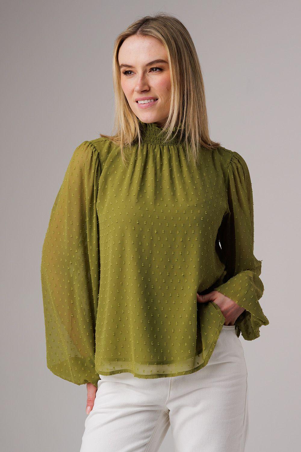 Textured High Neck Smock Long Sleeve Blouse by INFLUENCE