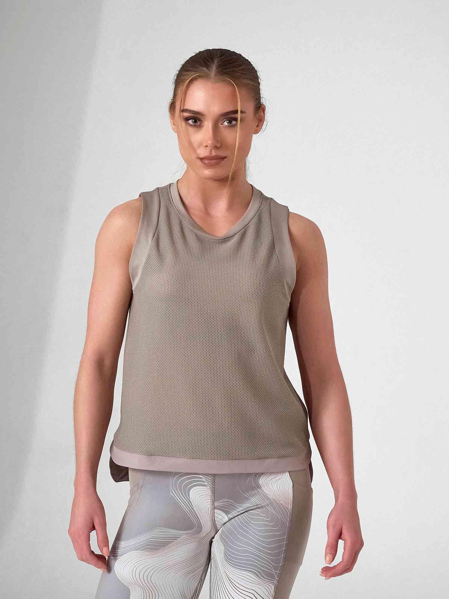Technical Athletic Polyamide Mesh Tank | High-Low Hem |Latte by INPHORM