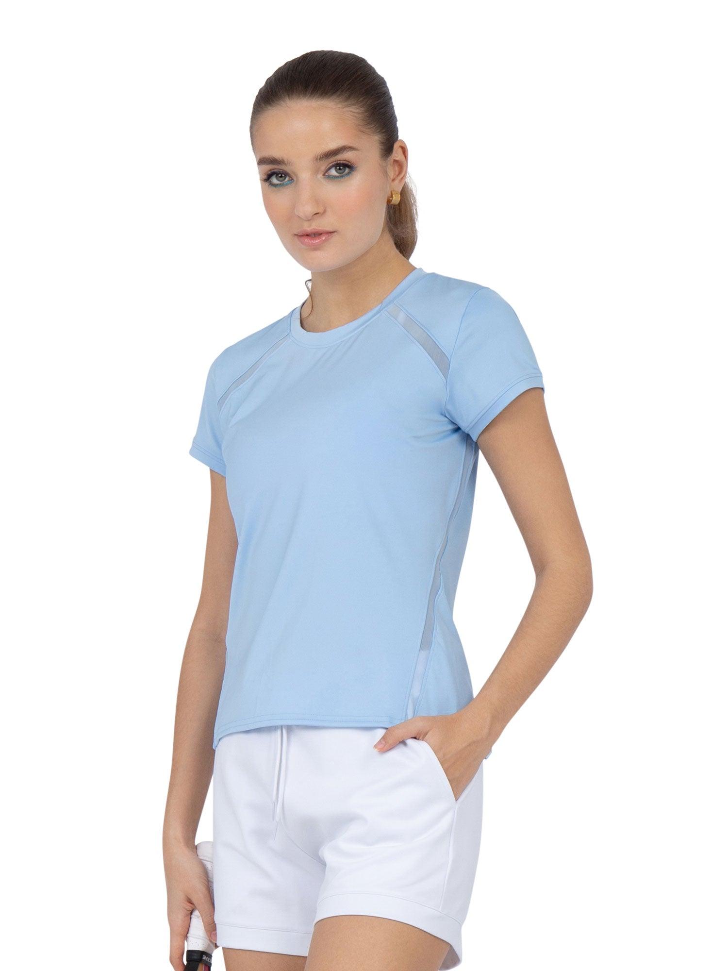 Women's Light Blue Tennis T-Shirt Short Sleeve Crew Neck by INPHORM