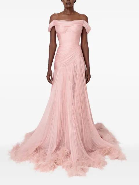 Petal off-shoulder feathered maxi dress by IRIS SERBAN