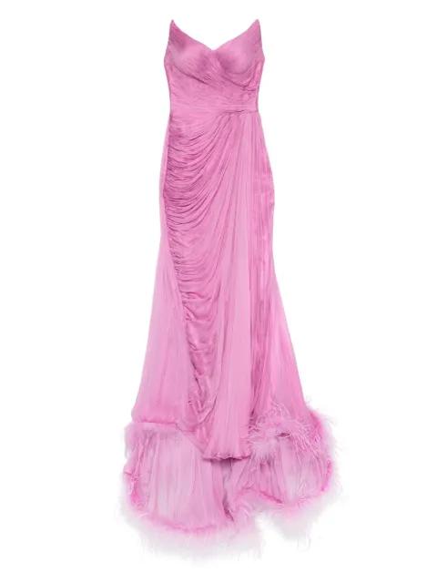 feather-trimmed pleated maxi dress by IRIS SERBAN