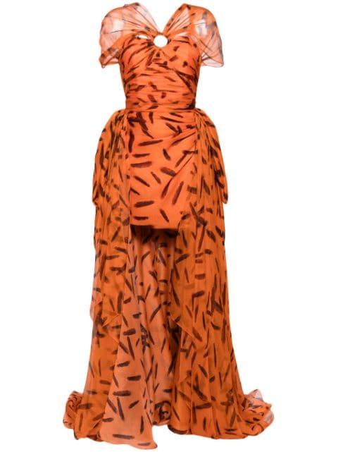 feather-print draped silk gown by ISABEL SANCHIS