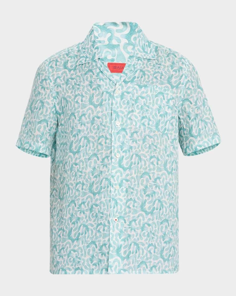 Men's Linen Coral-Print Camp Shirt by ISAIA