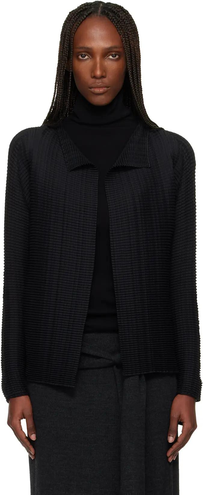 Black Wooly Pleats Cardigan by ISSEY MIYAKE