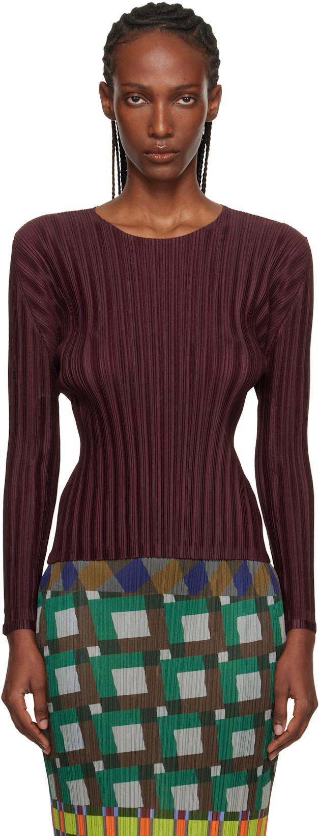Burgundy Rib Pleats January T-shirt by ISSEY MIYAKE