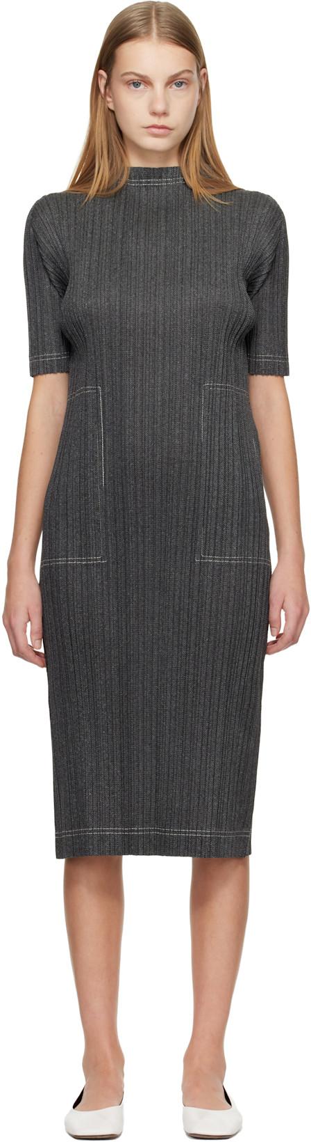 Gray Cotton Denim Midi Dress by ISSEY MIYAKE
