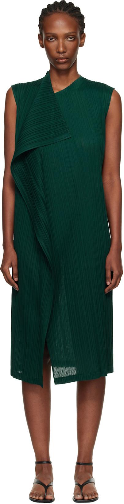 Green Ramie Pleats Maxi Dress by ISSEY MIYAKE