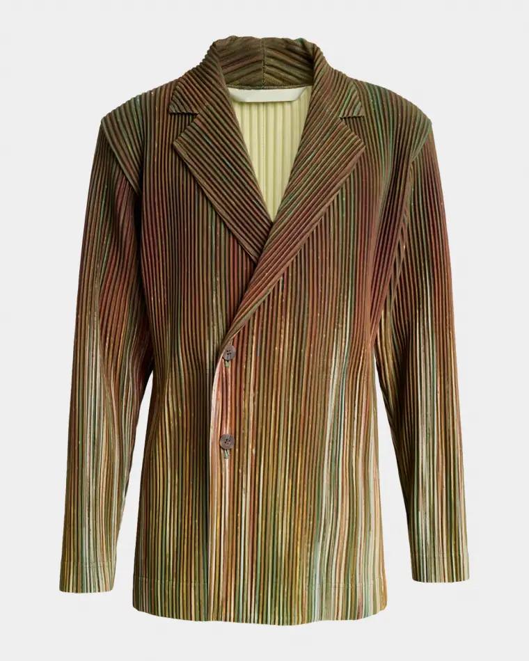 Men's Paintbrush Agate-Print Pleated Single-Breasted Blazer by ISSEY MIYAKE