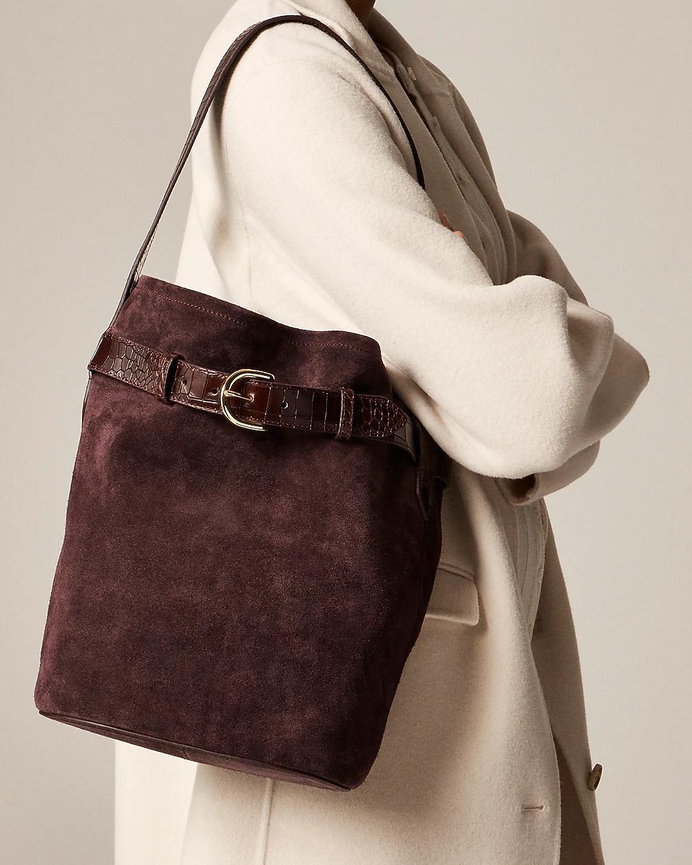 Berkeley belted bucket bag in suede and croc-embossed leather by J.CREW Berkeley belted bucket bag in suede and croc-embossed leather by J.CREW