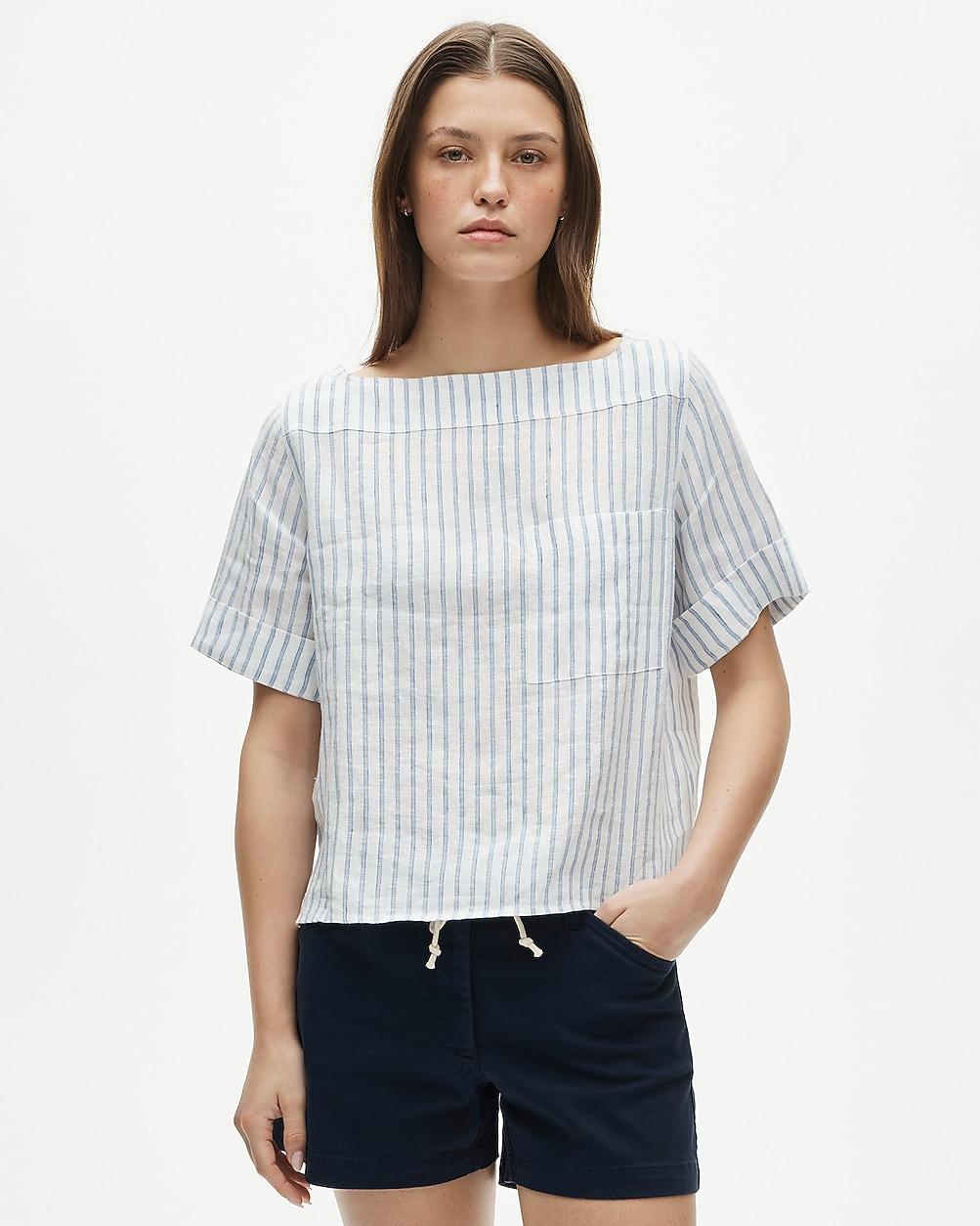 Boatneck T-shirt in striped linen by J.CREW