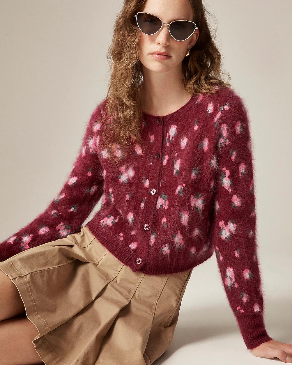 Brushed cashmere cropped cardigan in blurry floral by J.CREW
