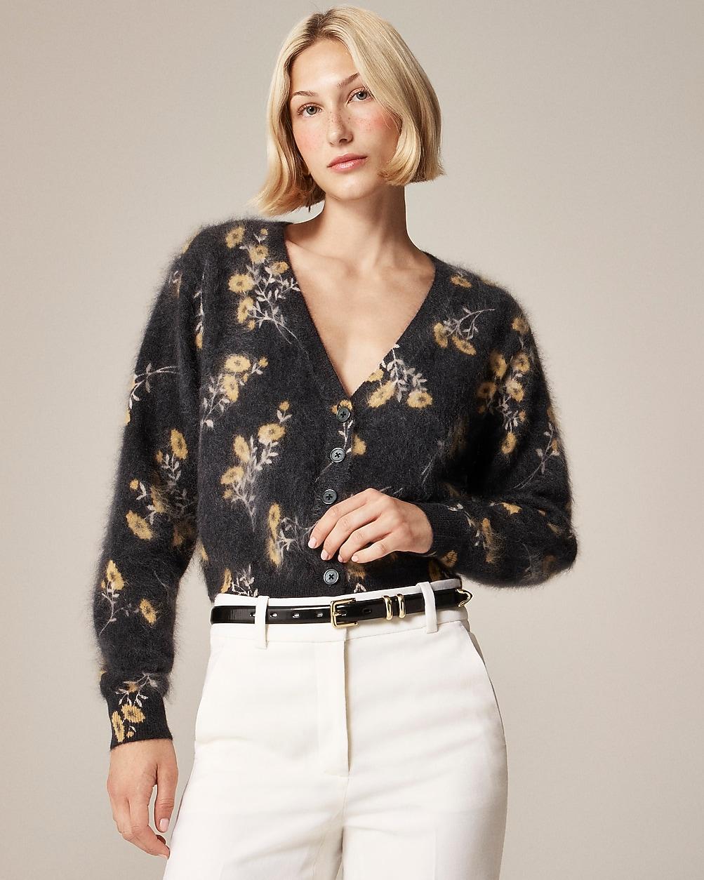 Brushed cashmere party cardigan in marigold print by J.CREW