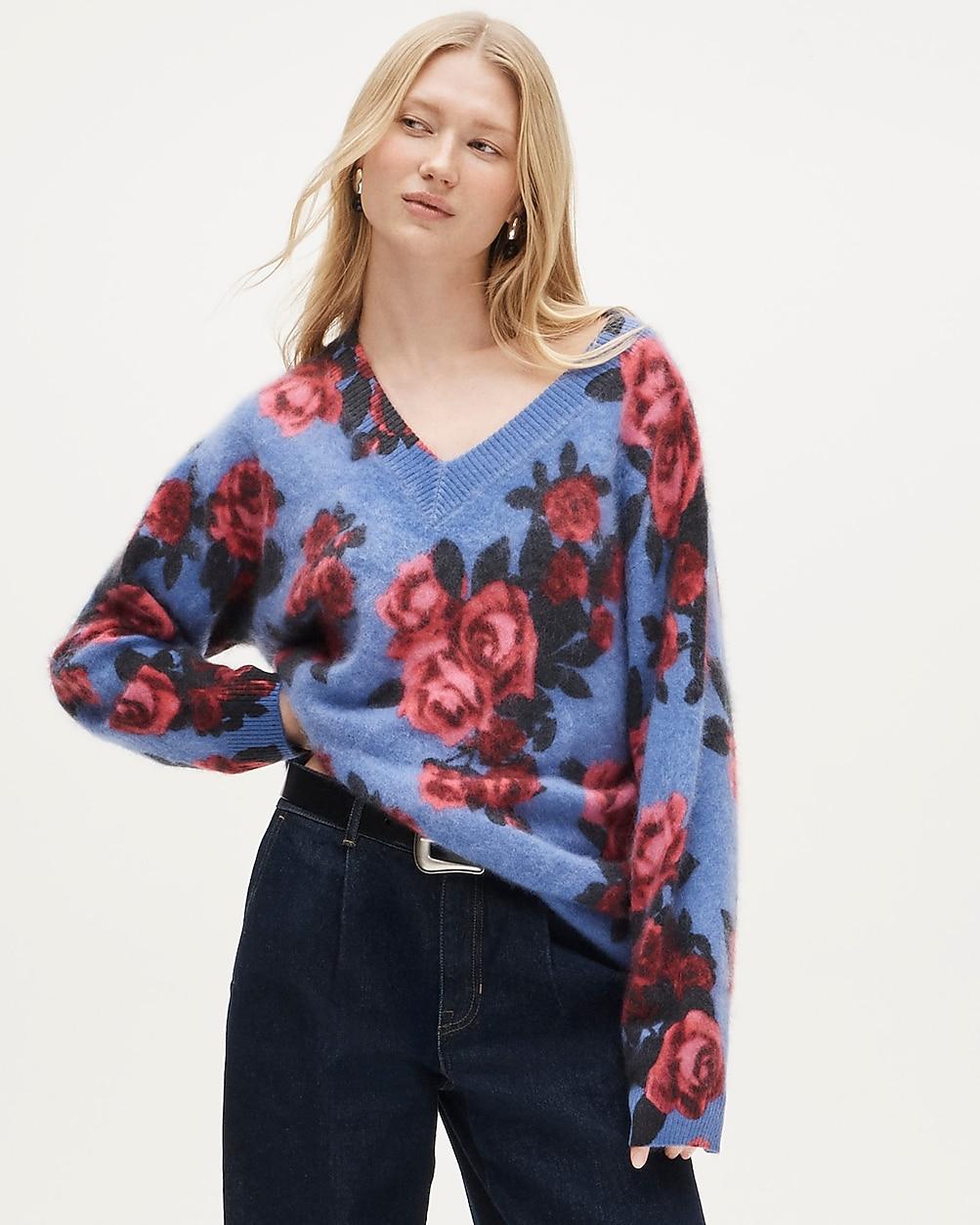 Brushed cashmere relaxed V-neck sweater in floral print by J.CREW