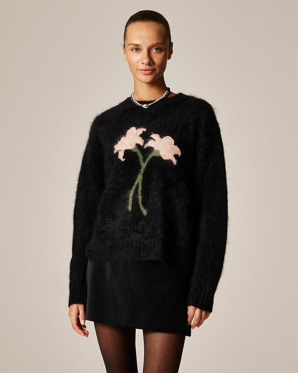 Brushed cashmere relaxed crewneck sweater with floral intarsia by J.CREW