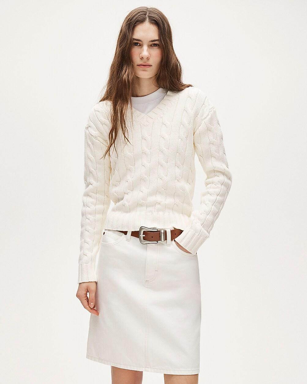 Cable-knit high V-neck sweater in heritage cotton by J.CREW