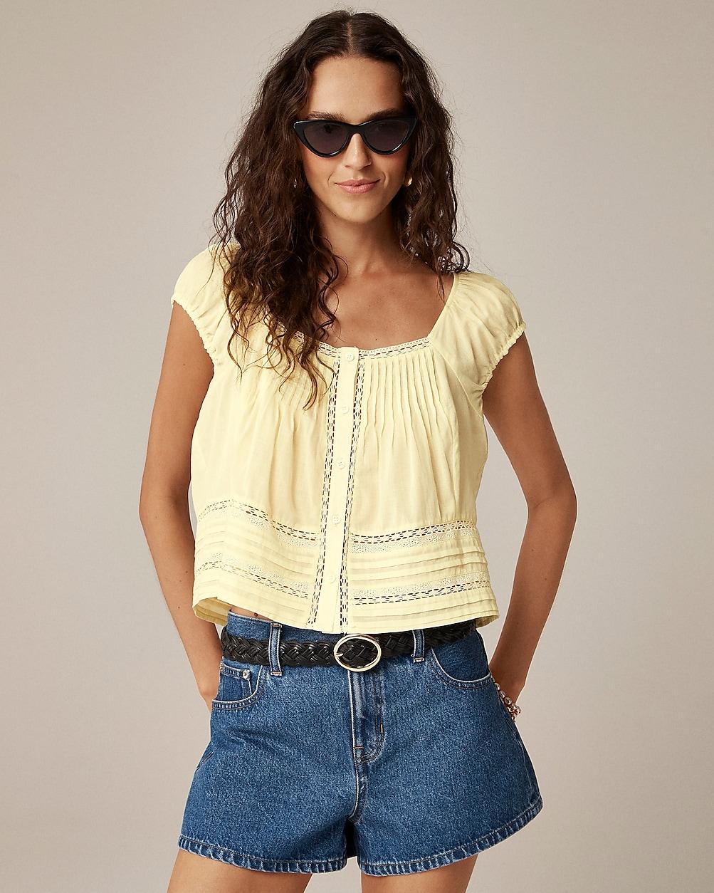 Cap-sleeve lace-trim top in cotton voile by J.CREW