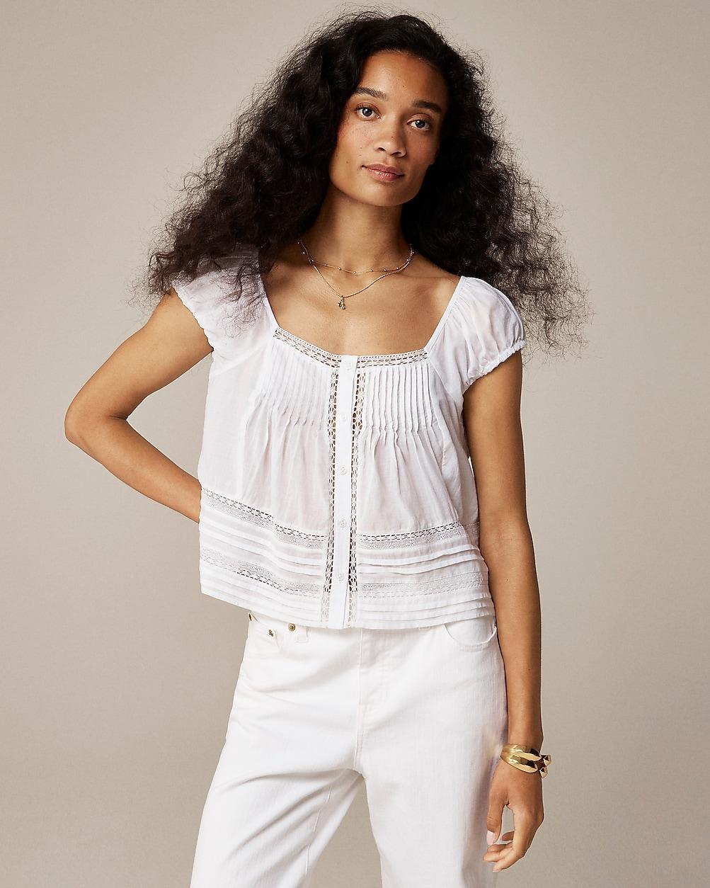 Cap-sleeve lace-trim top in cotton voile by J.CREW