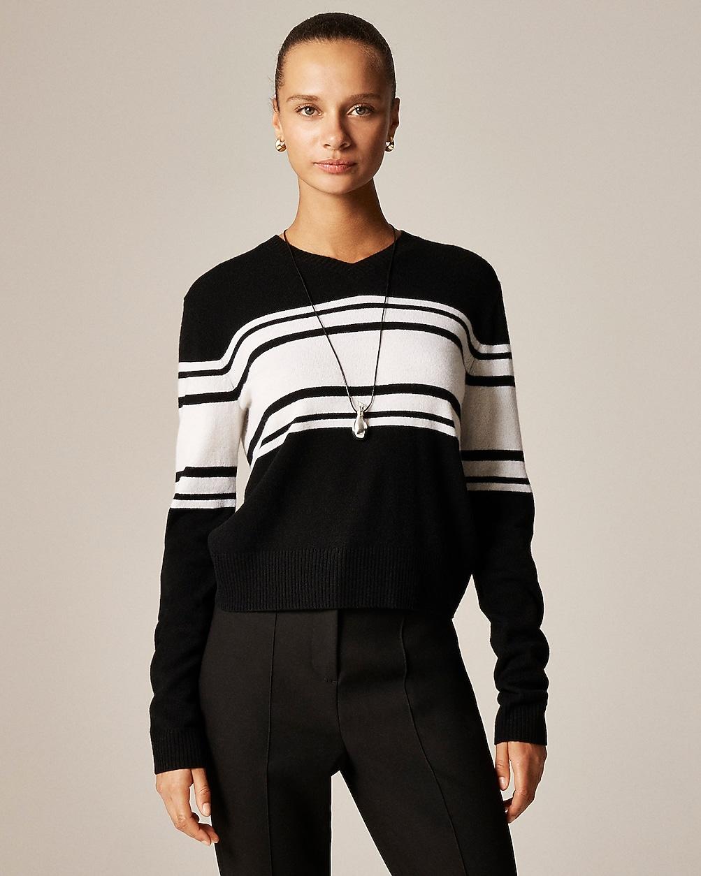 Cashmere high V-neck sweater in stripe by J.CREW