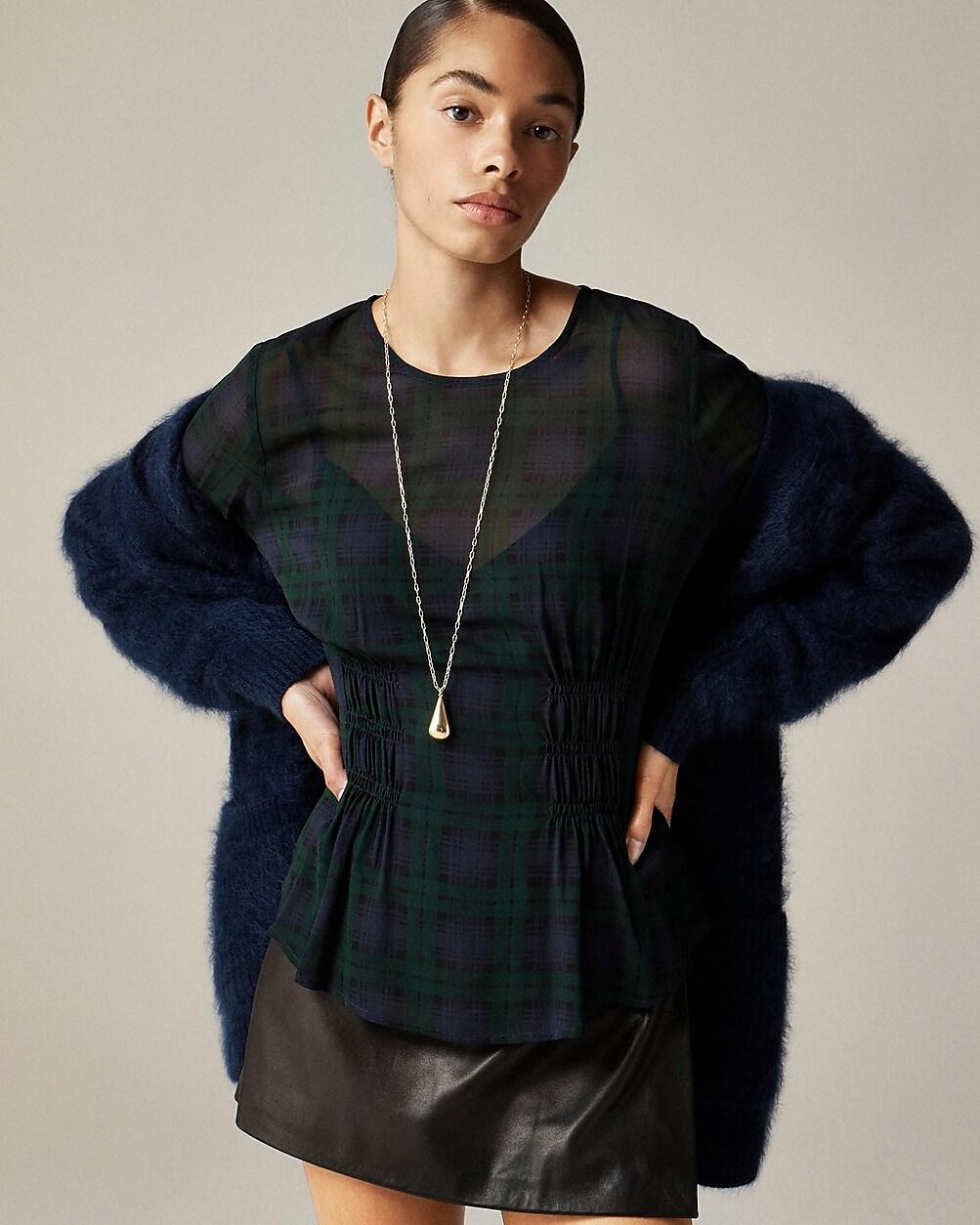 Chiffon shirred-waist top in Black Watch tartan by J.CREW