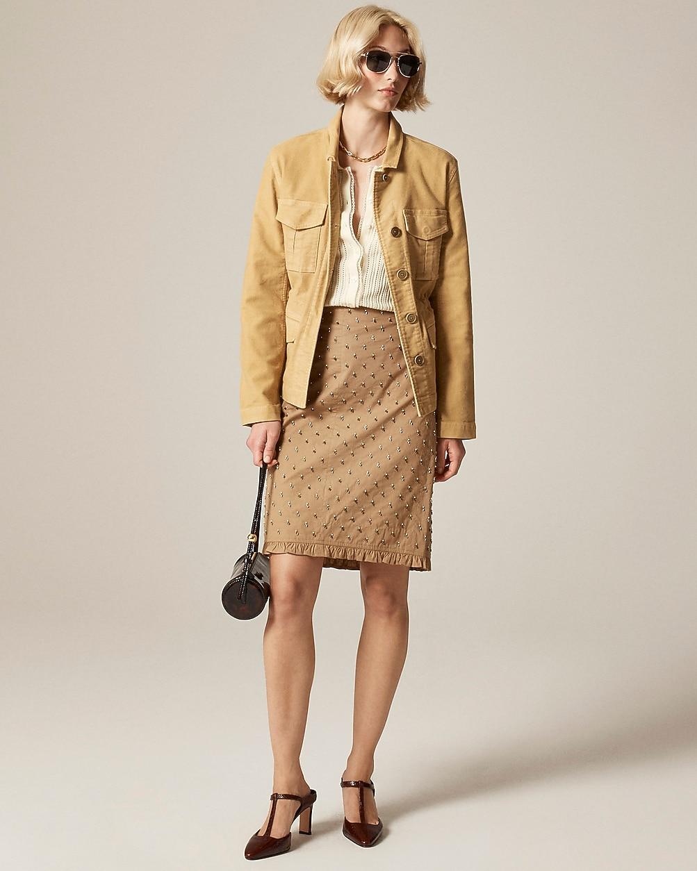 Collection embellished ruffle-trim pencil midi skirt in chino by J.CREW